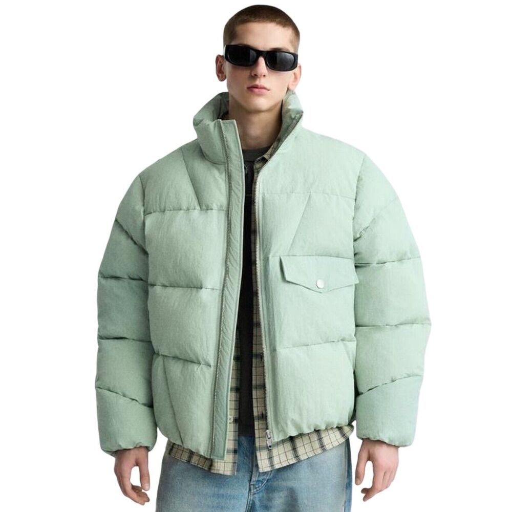 Zara Puffer Jacket Men's Green Mock Neck Long Sleeve Pocket Detail Zip-Up Medium